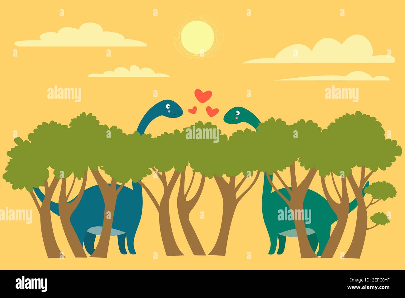 Two cute brachiosaurus dinosaurs met eyes on the tops of trees and fell in love. Vector illustration with prehistoric animals and landscape. Cartoon f Stock Vector