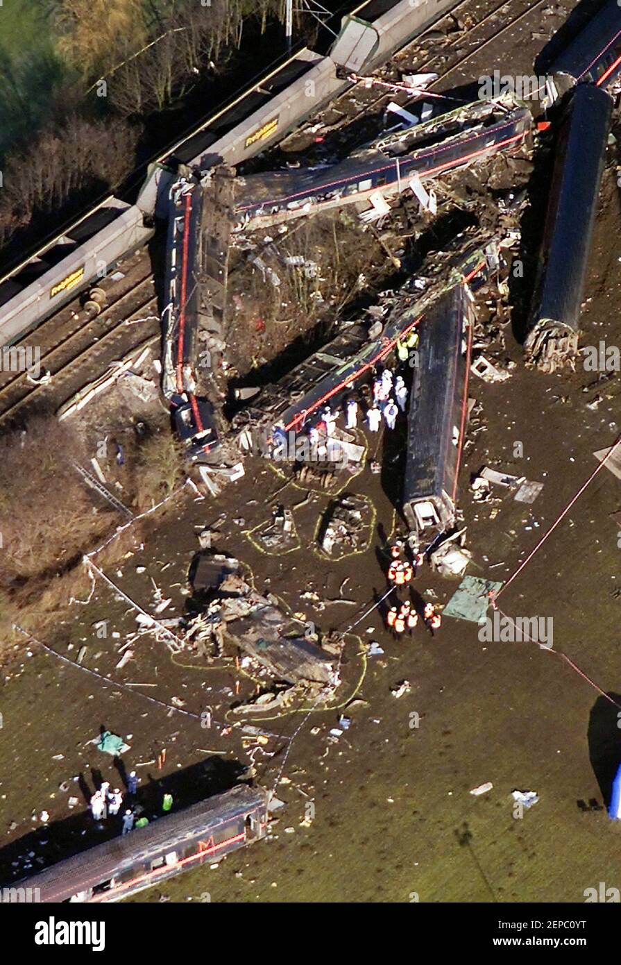 File photo dated 13/12/01 of an aerial view of the scene of the horrific crash in Selby North Yorks, where two train drivers, two others GNER staff and six passengers died on February 28 2001, after the Newcastle to London passenger service struck a Land Rover which had careered off the M62 motorway and crashed onto the track. Issue date: Saturday February 27, 2021. Final preparations are under way the mark the 20th anniversary of the Selby Rail Crash - the worst UK rail tragedy of the 21st century. Stock Photo