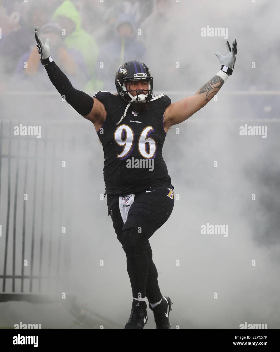 Baltimore Ravens DT Domata Peko Sr. (96) is introduced prior to a game  against the San Francisco 49ers at M&T Bank Stadium in Baltimore, Maryland  on December 1, 2019. Photo/ Mike Buscher /