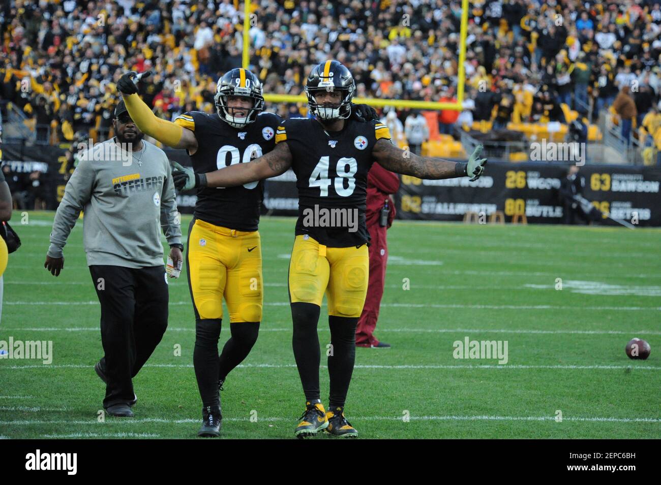 December 1st, 2019: T.J. Watt #90 and Bud Dupree #48 during the Pittsburgh  Steelers vs Cleveland Browns at Heinz Field in Pittsburgh, PA. Jason  Pohuski/(Photo by Jason Pohuski/CSM/Sipa USA Stock Photo -