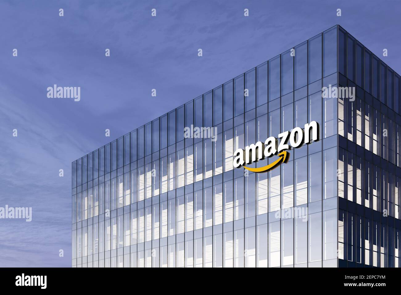 Seattle, WA, USA. February 18, 2021. Editorial Use Only, 3D CGI. Amazon  Signage Logo on Top of Glass Building. Workplace E-commerce Company Office  Hea Stock Photo - Alamy