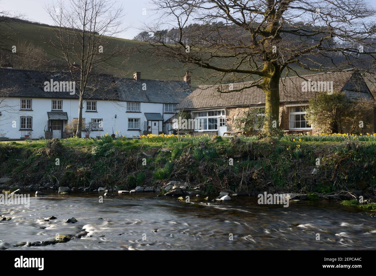 Cottages in the village of Malmsmead, Exmoor, Somerset. Stock Photo