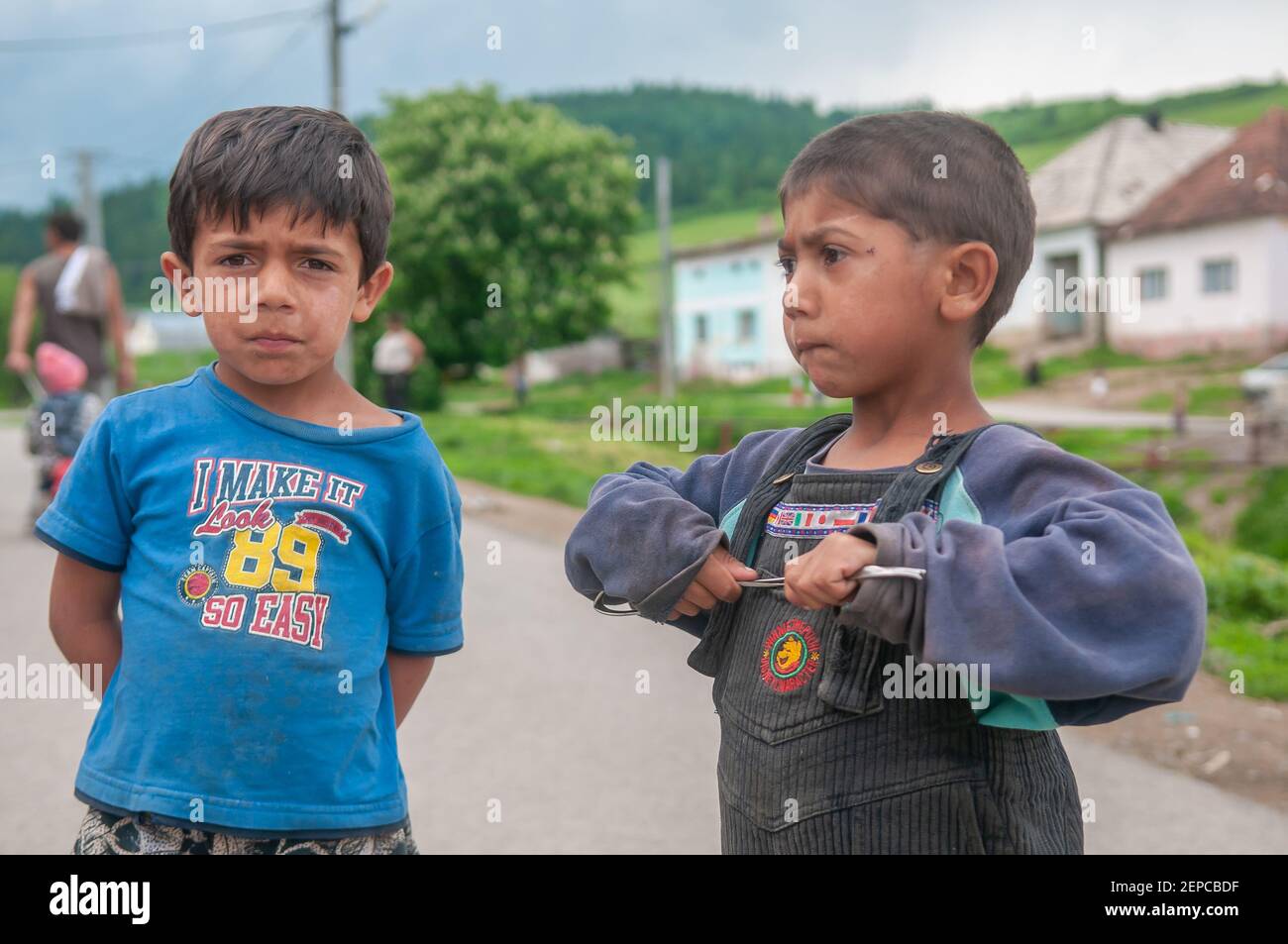 Lomnicka, Slovakia. 05-16-2018. Roma or Gypsy children in a abandoned community in the heart of Slovakia, living in miserable conditions. Stock Photo