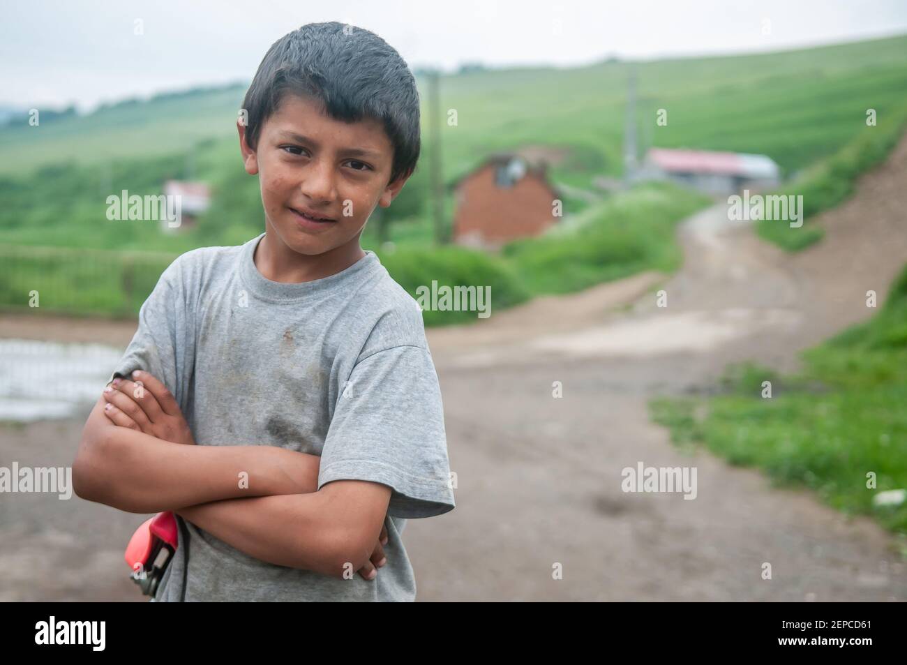 Lomnicka, Slovakia. 05-16-2018. Gypsy boy living in misery and poverty in a abandoned Roma community in the heart of Slovakia. Stock Photo