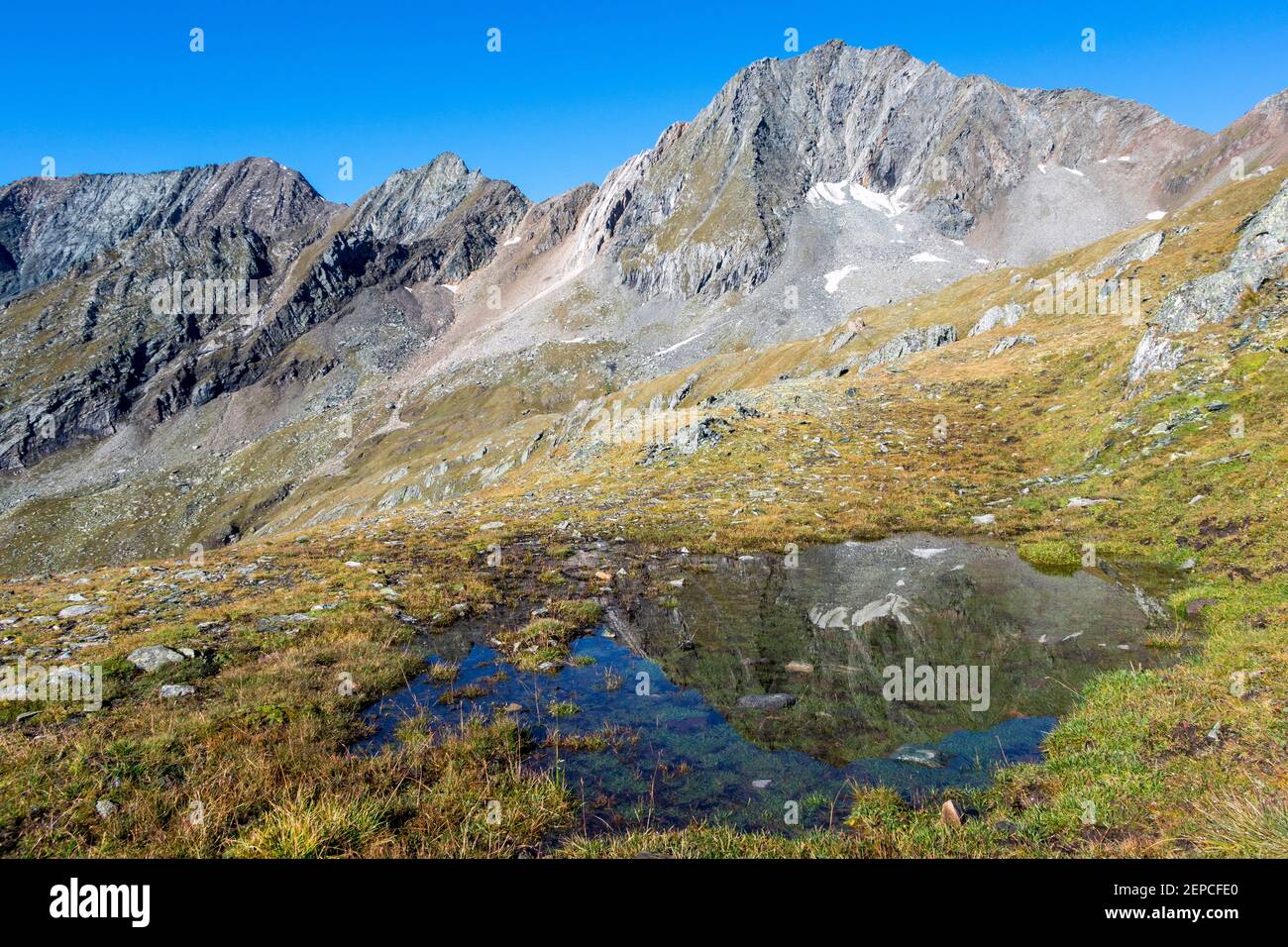 Timmeltal alpine valley. View on Zopetspitze mountain peak. Austrian Alps. Europe. Stock Photo