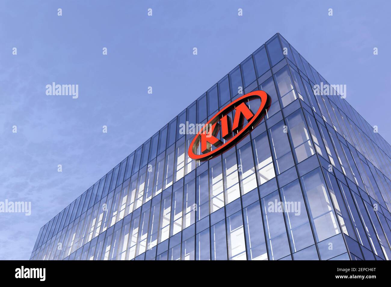 Seoul, South Korea. February 17, 2021. Editorial Use Only, 3D CGI. Kia  Corporation Motors Signage Logo on Top of Glass Building. Workplace Car  Company Stock Photo - Alamy