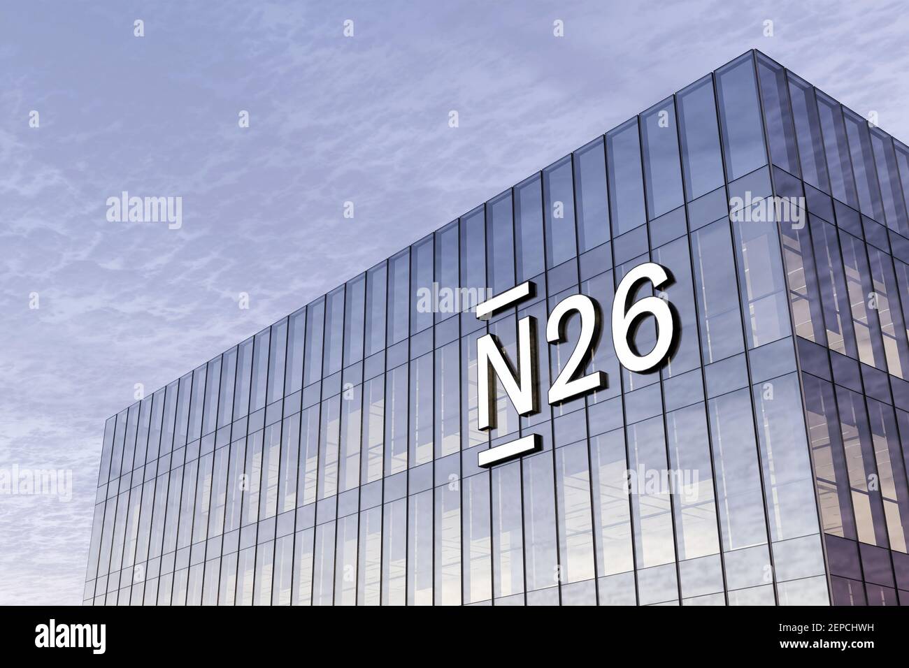 Berlin, Germany. February 17, 2021. Editorial Use Only, 3D CGI. N26 Online  Bank Signage Logo on Top of Glass Building. Workplace in High-rise Office H  Stock Photo - Alamy