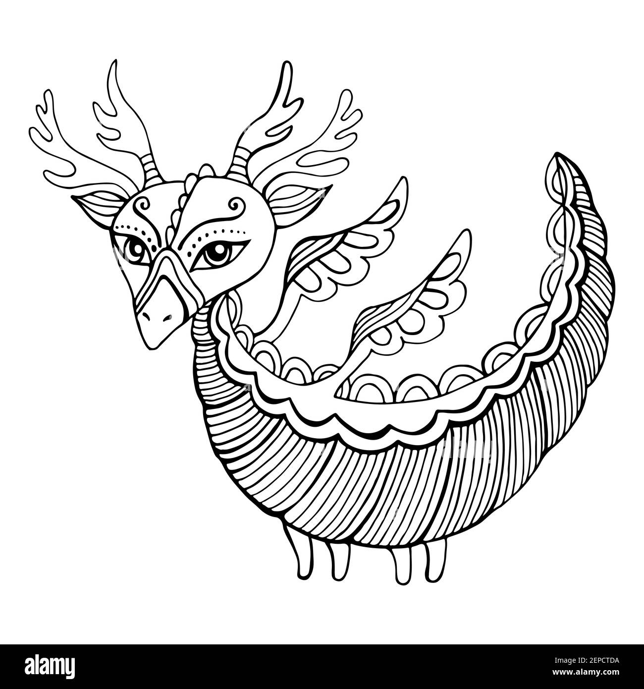 Fantasy cartoon Dragon coloring page for kids and adults. Cute doodle style character Little dragon with wings and horns, fantastic animal. Stock Vector
