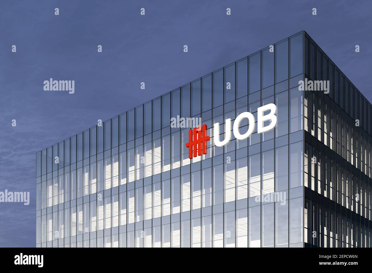Singapore. February 27, 2021. Editorial Use Only, 3D CGI. UOB Signage Logo on Top of Glass Building. United Overseas Bank Corporation Company in High- Stock Photo