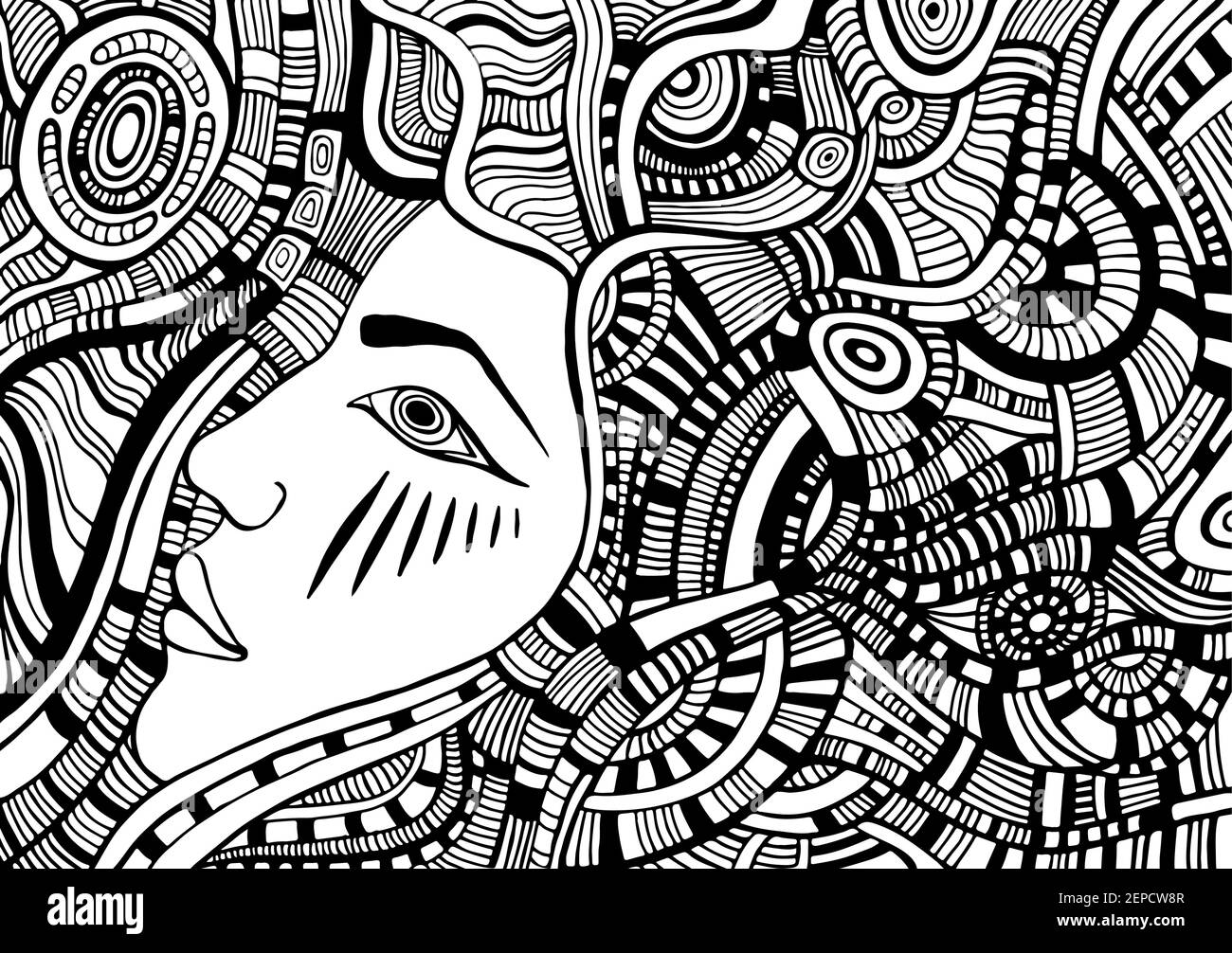 Coloring page with psychedelic fantasy face girl with wave ornamental hair cyberpunk style Stock Vector