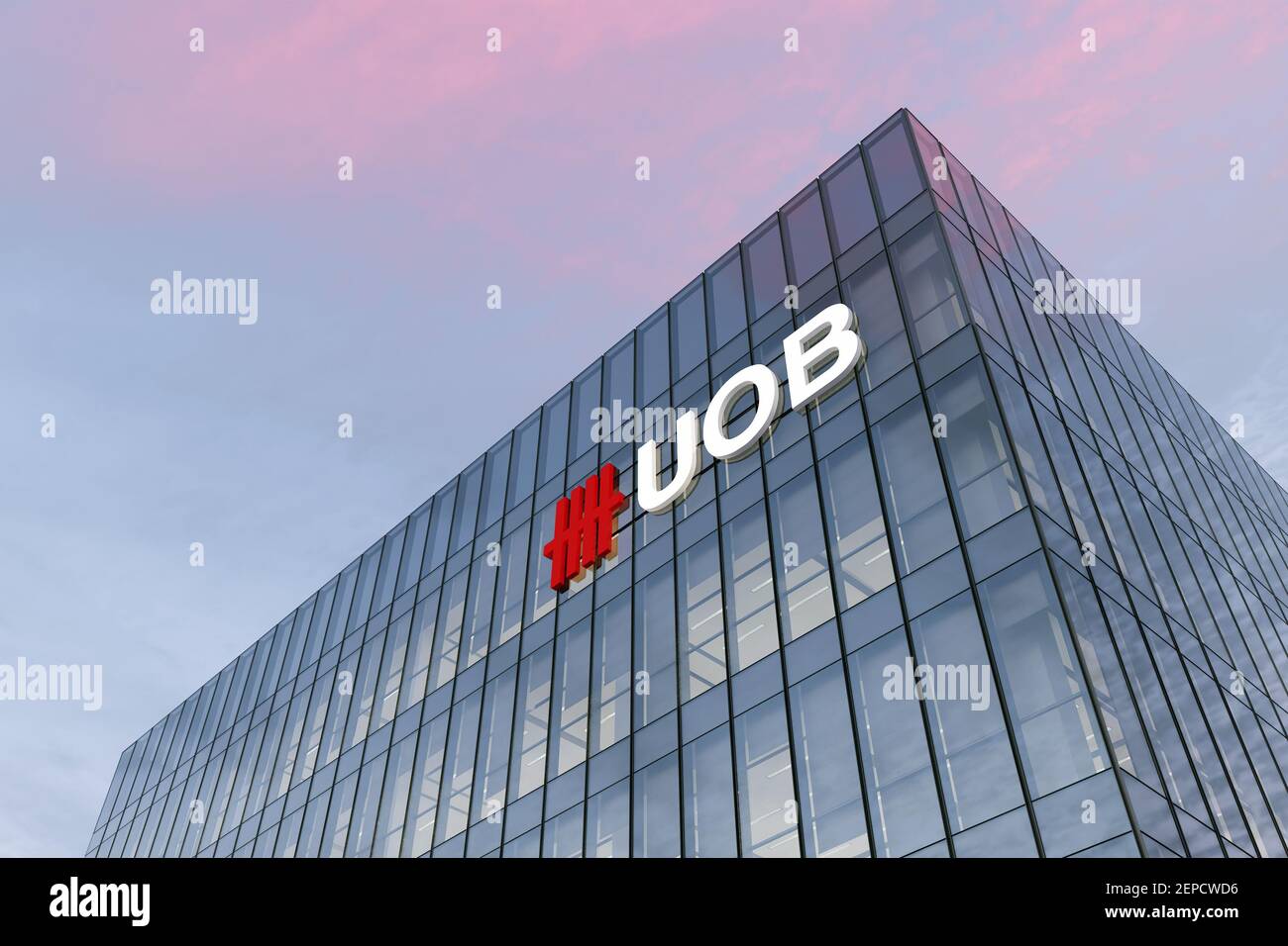 Singapore. February 27, 2021. Editorial Use Only, 3D CGI. UOB Signage Logo on Top of Glass Building. United Overseas Bank Corporation Company in High- Stock Photo