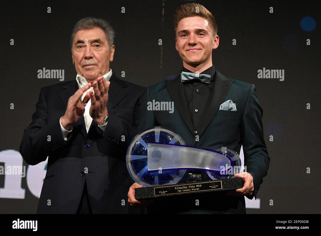 Former Belgian cyclist Eddy Merckx and Belgian Remco Evenepoel , winner of  the 'Kristallen Fiets' pictured during the 28th edition of the 'Kristallen  Fiets' (Crystal Bike - Velo de Cristal) award ceremony