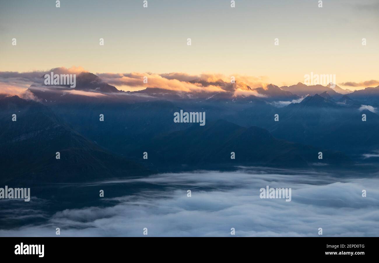 View of Lasorling mountain gruoup at sunset. Lasorling gruppe. Virgental alpine valley. Osttirol. Austrian Alps. Europe Stock Photo