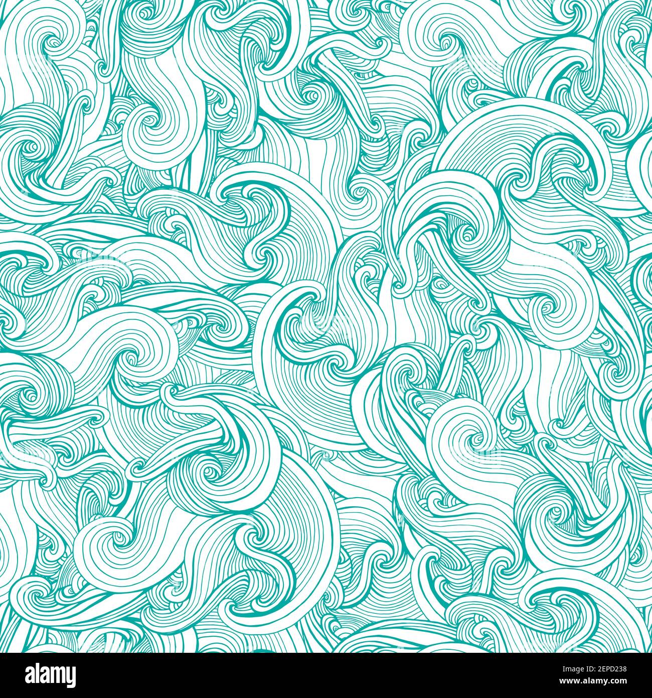 Waves colorful abstract seamless pattern, turquoise outline and white ornament. Stock Vector