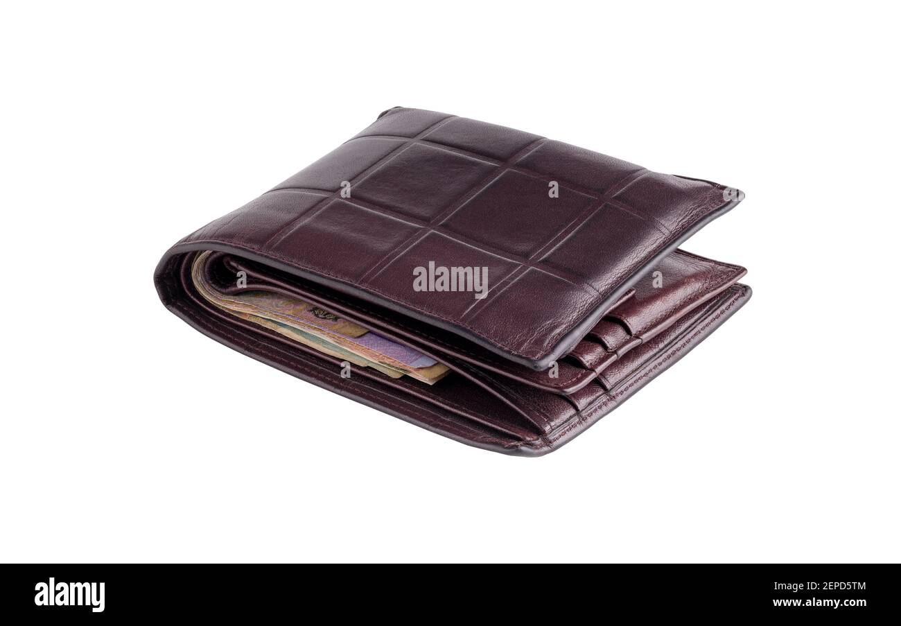 male leather purse with money. used mens wallet isolated on white background. Stock Photo