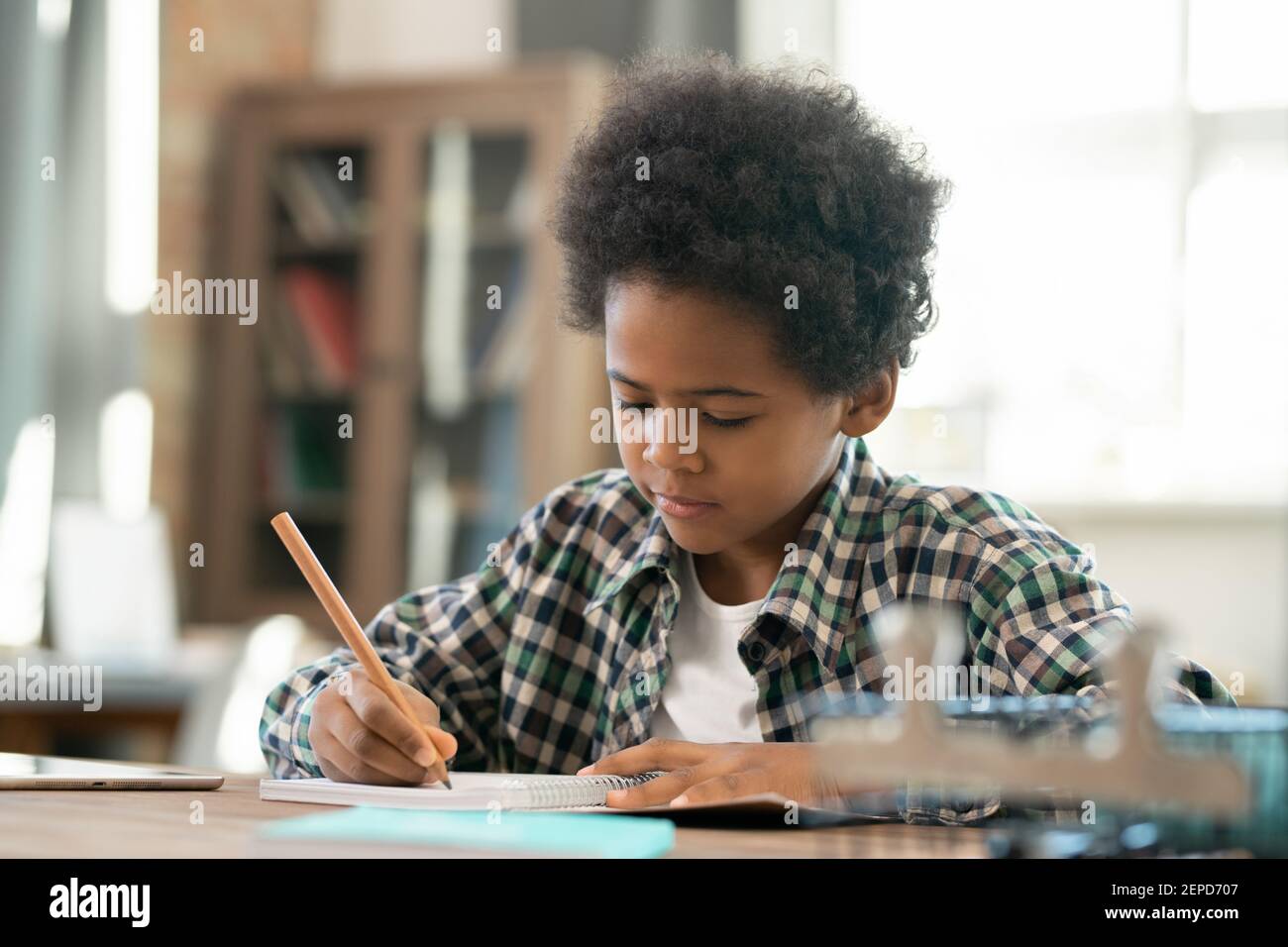 Cute serious schoolboy of African ethnicity making notes in copybook ...