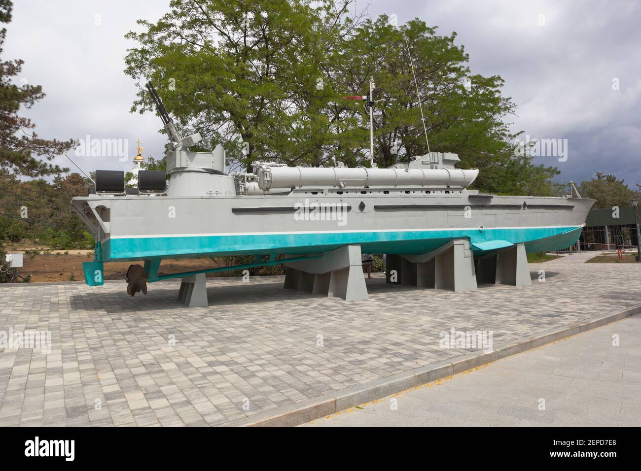 Sevastopol, Crimea, Russia - July 28, 2020: Torpedo boat 123-K Komsomolets in the memorial complex Sapun-Gora in the hero city of Sevastopol, Crimea Stock Photo