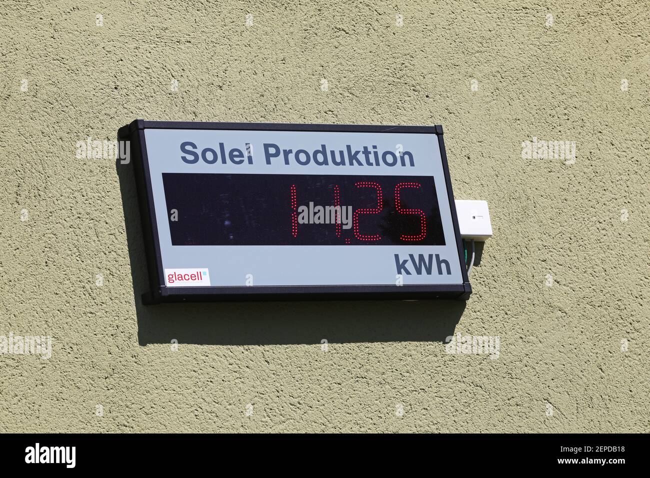 MOTALA, SWEDEN- 24 MAY 2018: Sign on a facade that indicates kWh on a solar panel system. Stock Photo