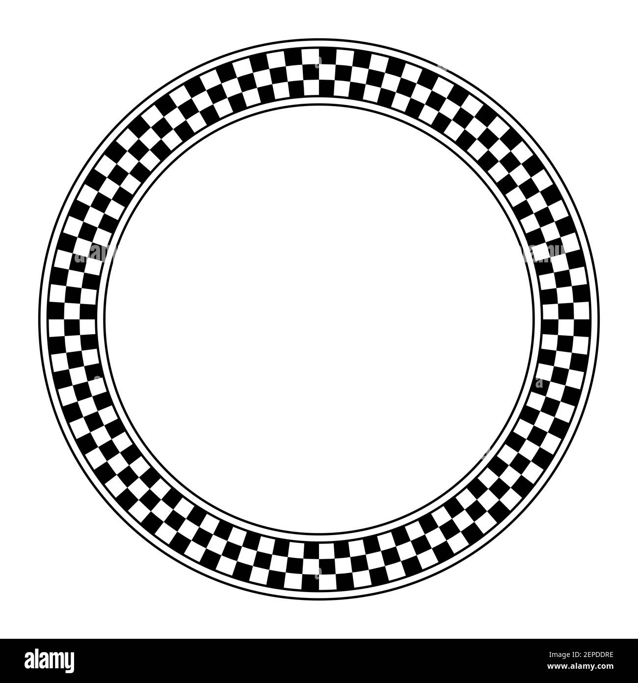 Circle frame with checkered pattern. Round border with checkerboard pattern, made of a checkerboard diagram. Stock Photo