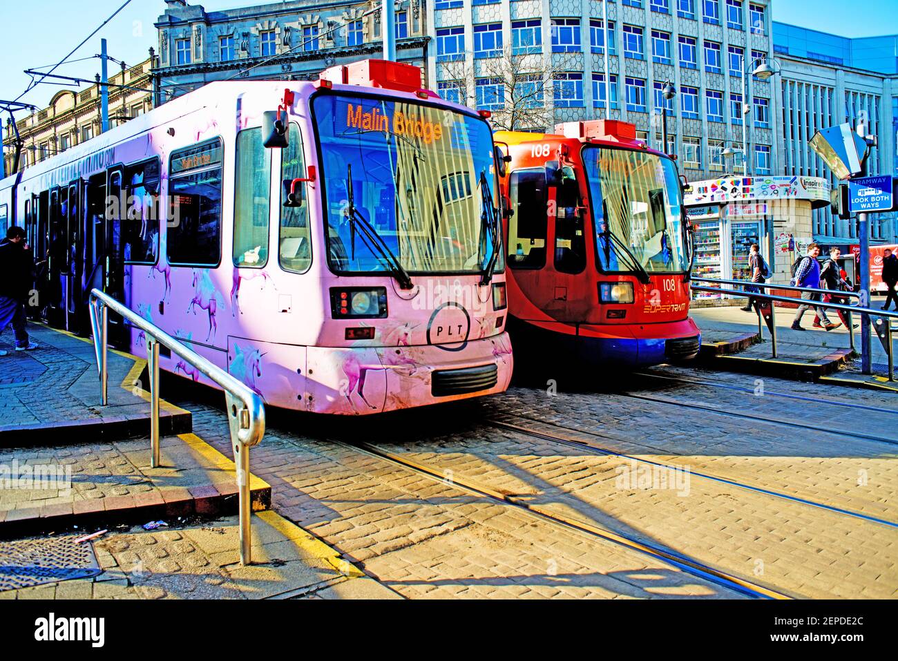 Trams Sheffield City Centre, Sheffield, England Stock Photo