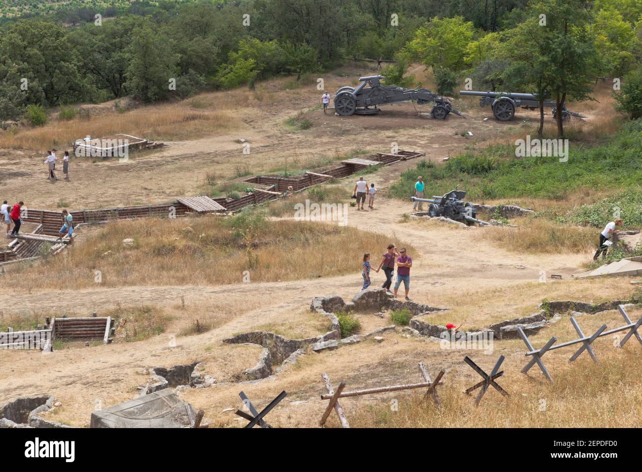 Sevastopol, Crimea, Russia - July 28, 2020: Exposition of defensive fortifications and captured artillery of German troops in the memorial complex Sap Stock Photo