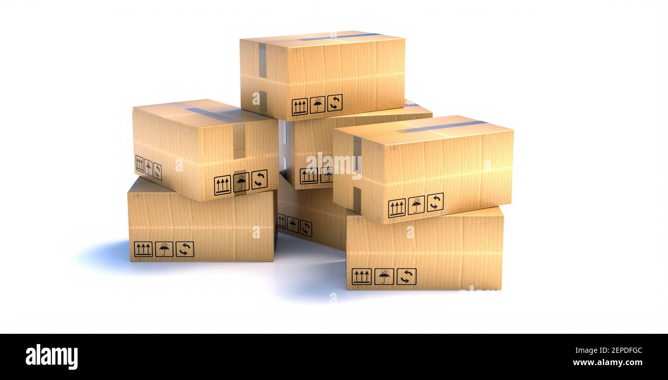 Cardboard boxes isolated on white background. Carton kraft moving