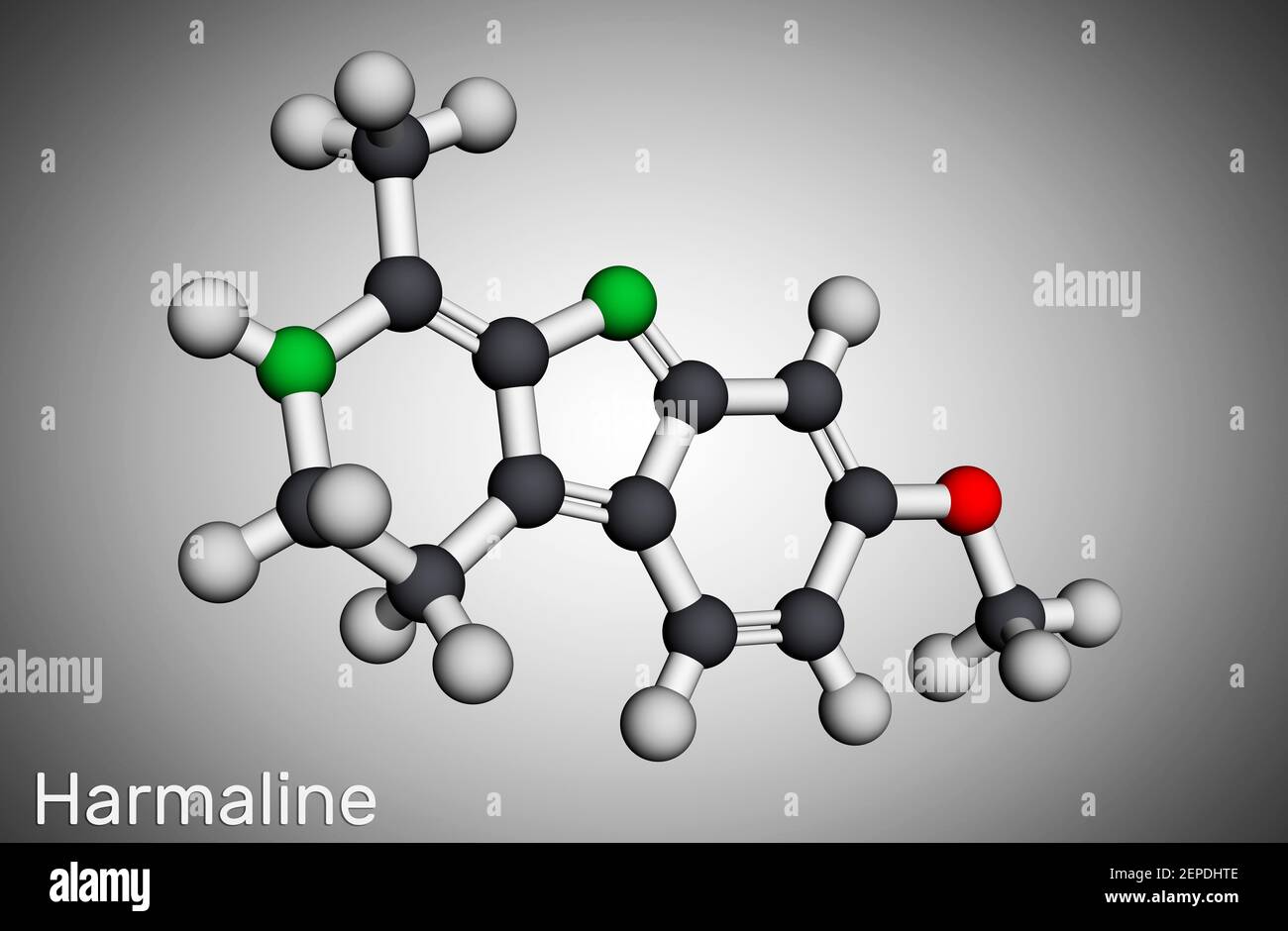 Harmaline molecule. It is fluorescent indole alkaloid. Molecular model. 3D rendering. 3D illustration Stock Photo