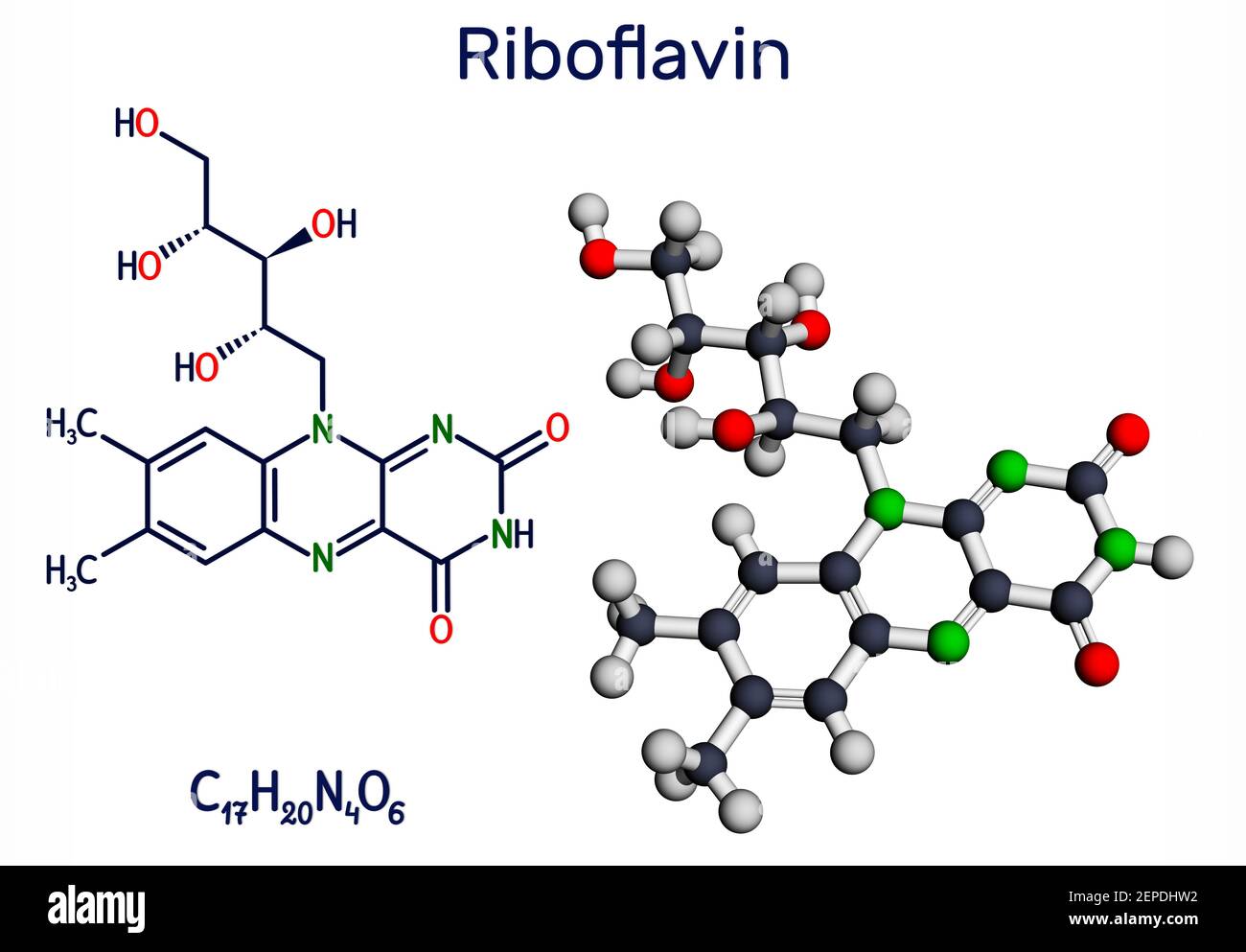 Riboflavin, vitamin B2 molecule.  It is water-soluble flavin, is found in food, used as a dietary supplement E101.  Structural chemical formula and mo Stock Photo