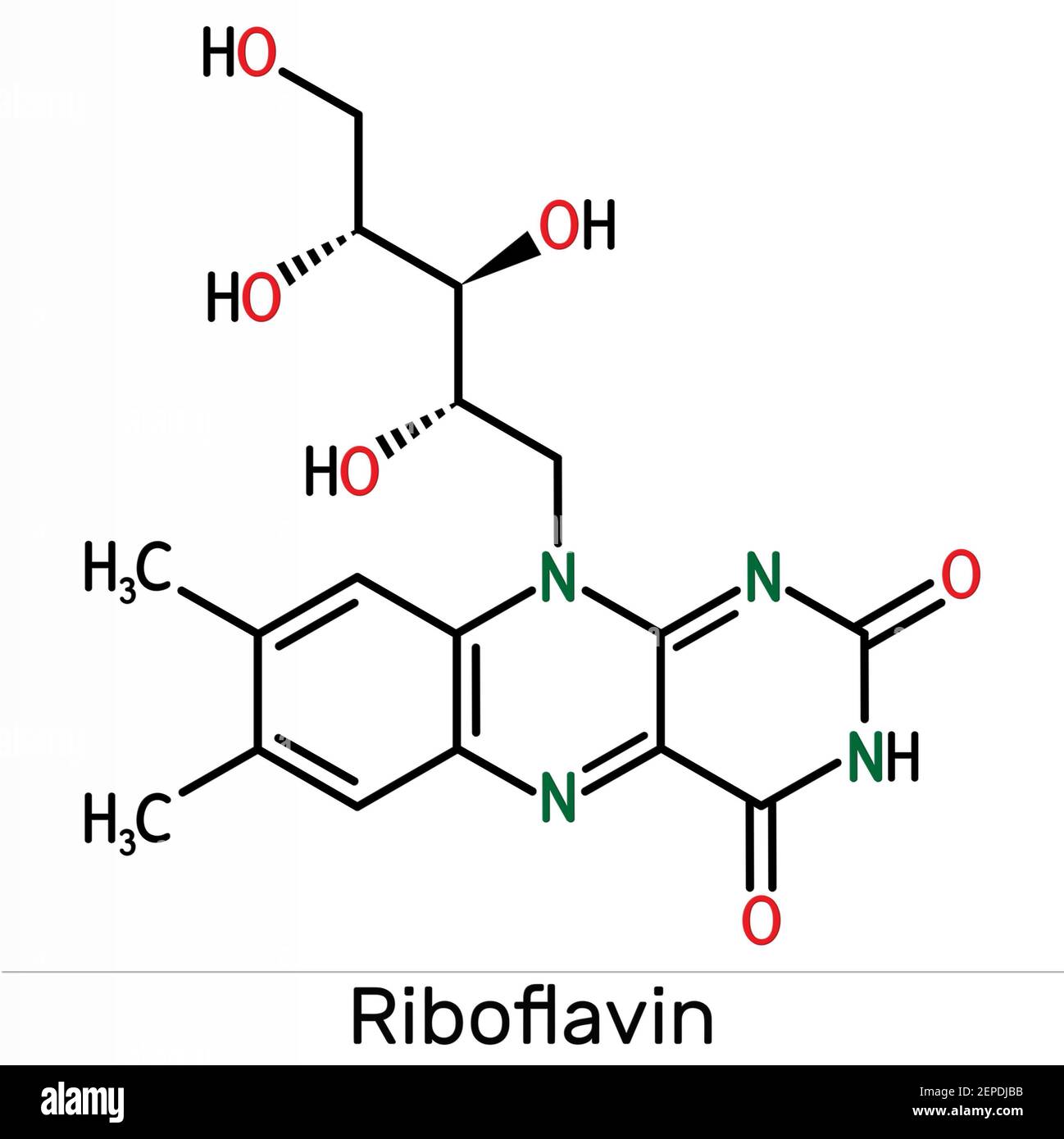 Riboflavin, vitamin B2 molecule.  It is water-soluble flavin, is found in food, used as a dietary supplement E101.  Skeletal chemical formula. Illustr Stock Photo