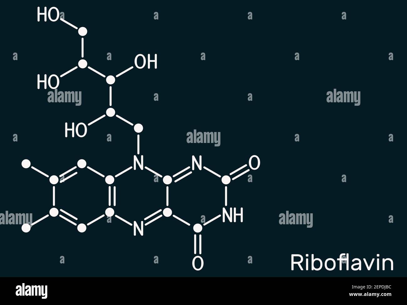 Riboflavin, vitamin B2 molecule.  It is water-soluble flavin, is found in food, used as a dietary supplement E101.  Skeletal chemical formula on the d Stock Photo