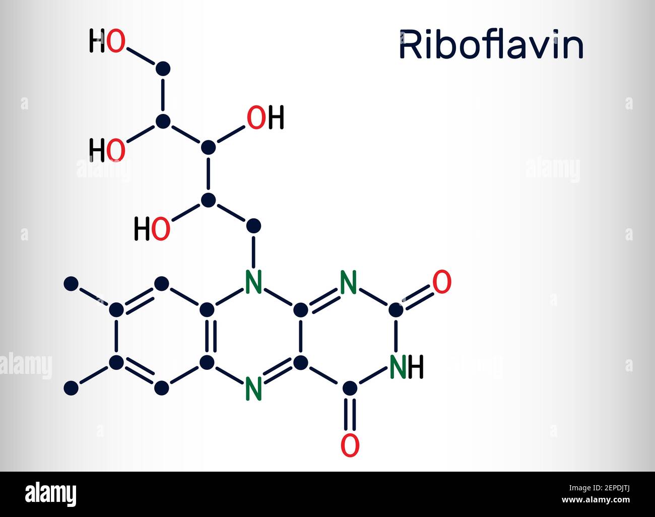 Riboflavin, vitamin B2 molecule.  It is water-soluble flavin, is found in food, used as a dietary supplement E101.  Skeletal chemical formula. Vector Stock Vector