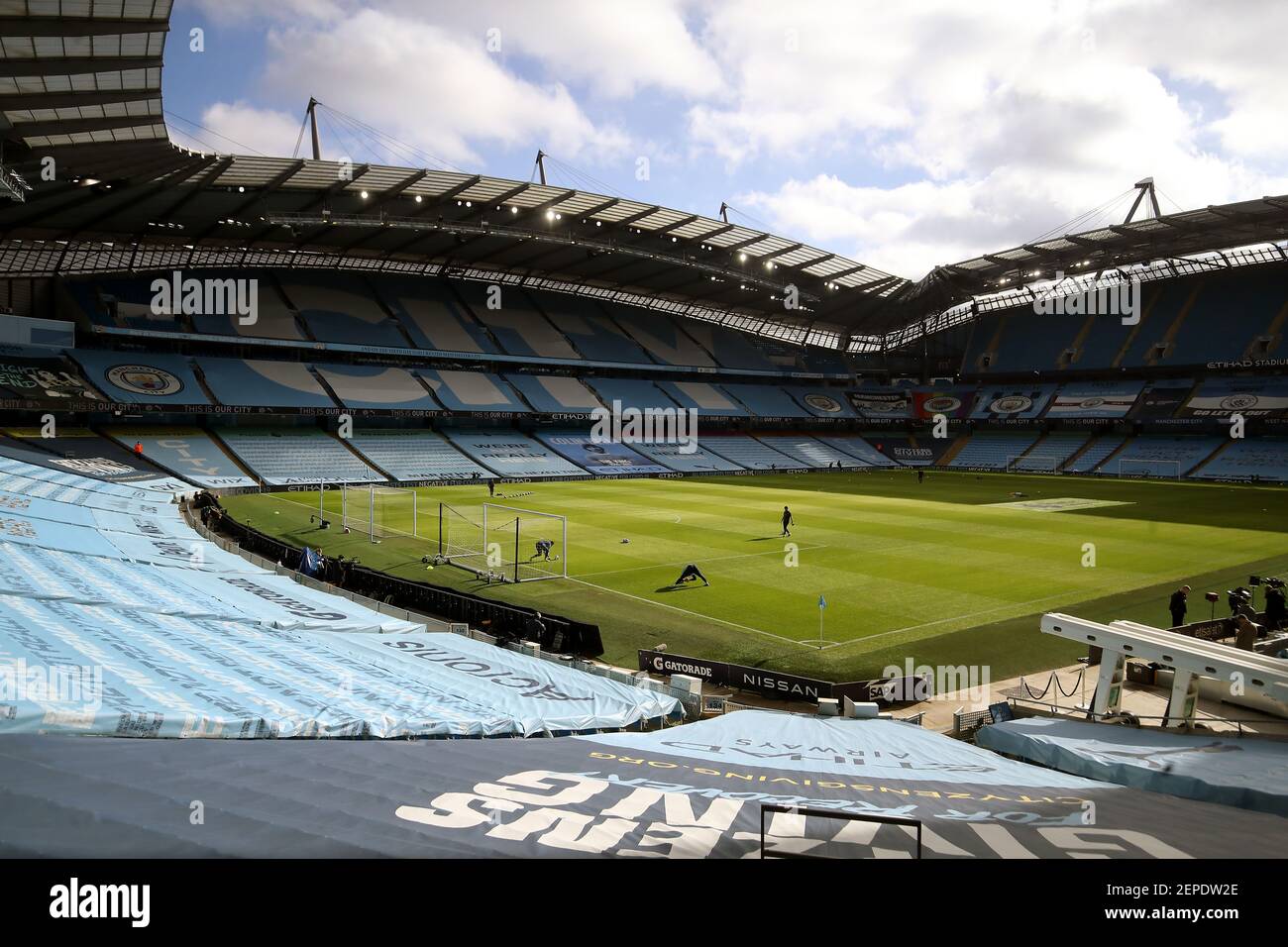 Manchester City goalkeeper Ederson warms up ahead of the Premier League match at the Etihad Stadium, Manchester. Picture date: Saturday February 27, 2021. Stock Photo