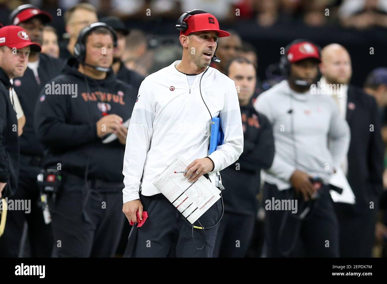 Dec 8, 2019; New Orleans, LA, USA; San Francisco 49ers head coach Kyle Shanahan looks on from the sidelines in the second quarter against the New Orleans Saints at the Mercedes-Benz Superdome. Mandatory Credit: Chuck Cook-USA TODAY Sports/Sipa USA Stock Photo