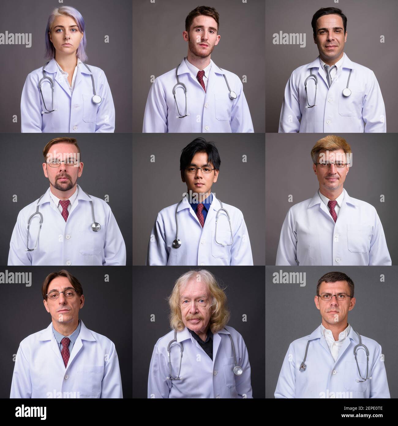 Studio shot of doctors and healthcare workers looking at camera Stock Photo