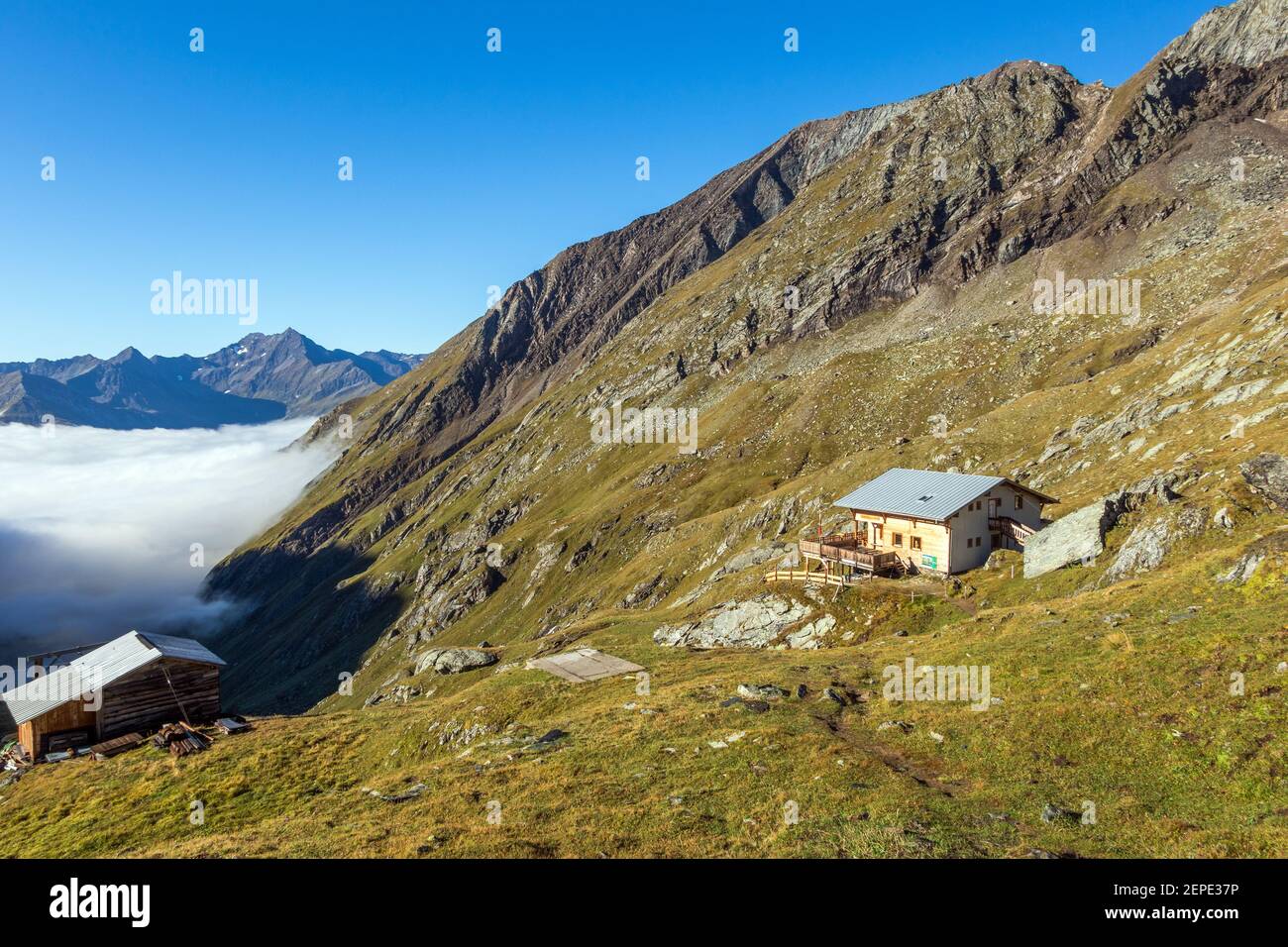 Eisseehütte alpine refuge. Timmeltal valley. Austrian Alps. Europe. Stock Photo