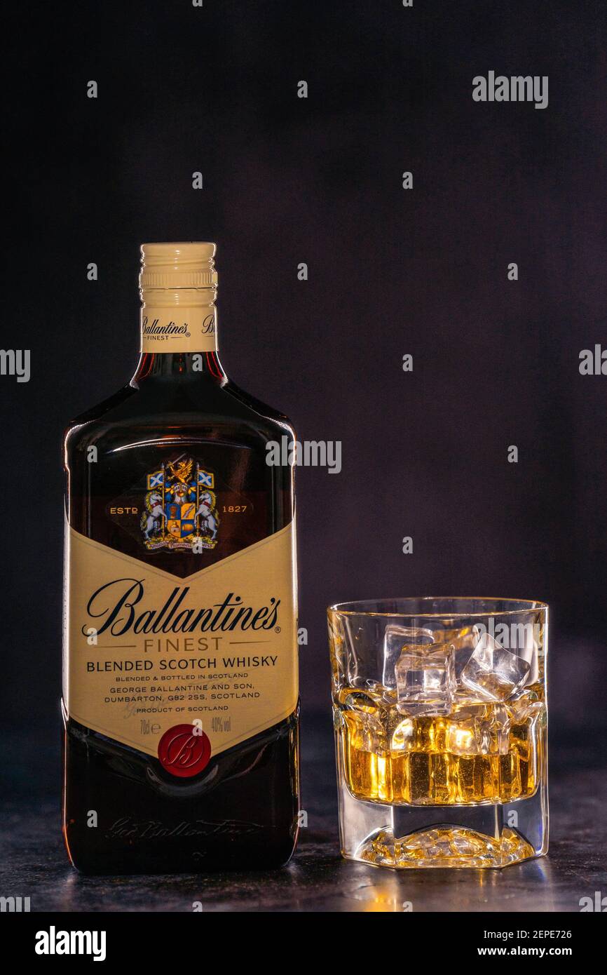 Ballantines is a range of Blended Scotch whiskies produced by Pernod Ricard in Dumbarton, Scotland.Bedford,UK, 31 January 2021 Stock Photo
