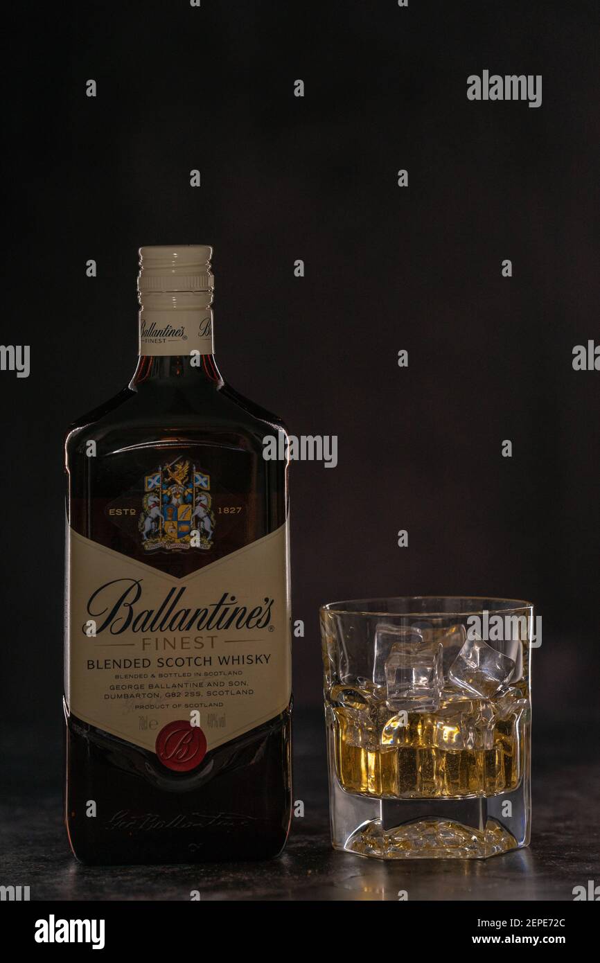 Ballantines is a range of Blended Scotch whiskies produced by Pernod Ricard in Dumbarton, Scotland.Bedford,UK, 31 January 2021 Stock Photo