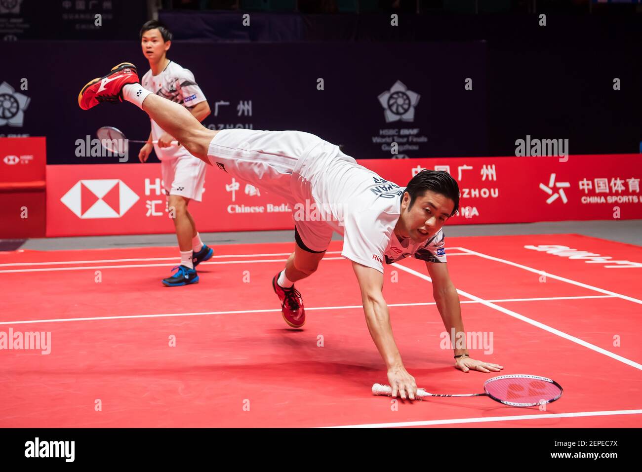 Japanese professional badminton players Hiroyuki Endo and Yuta Watanabe  compete against Japanese professional badminton players Keigo Sonoda and  Takeshi Kamura at the group stage of men's doubles at HSBC BWF World Tour