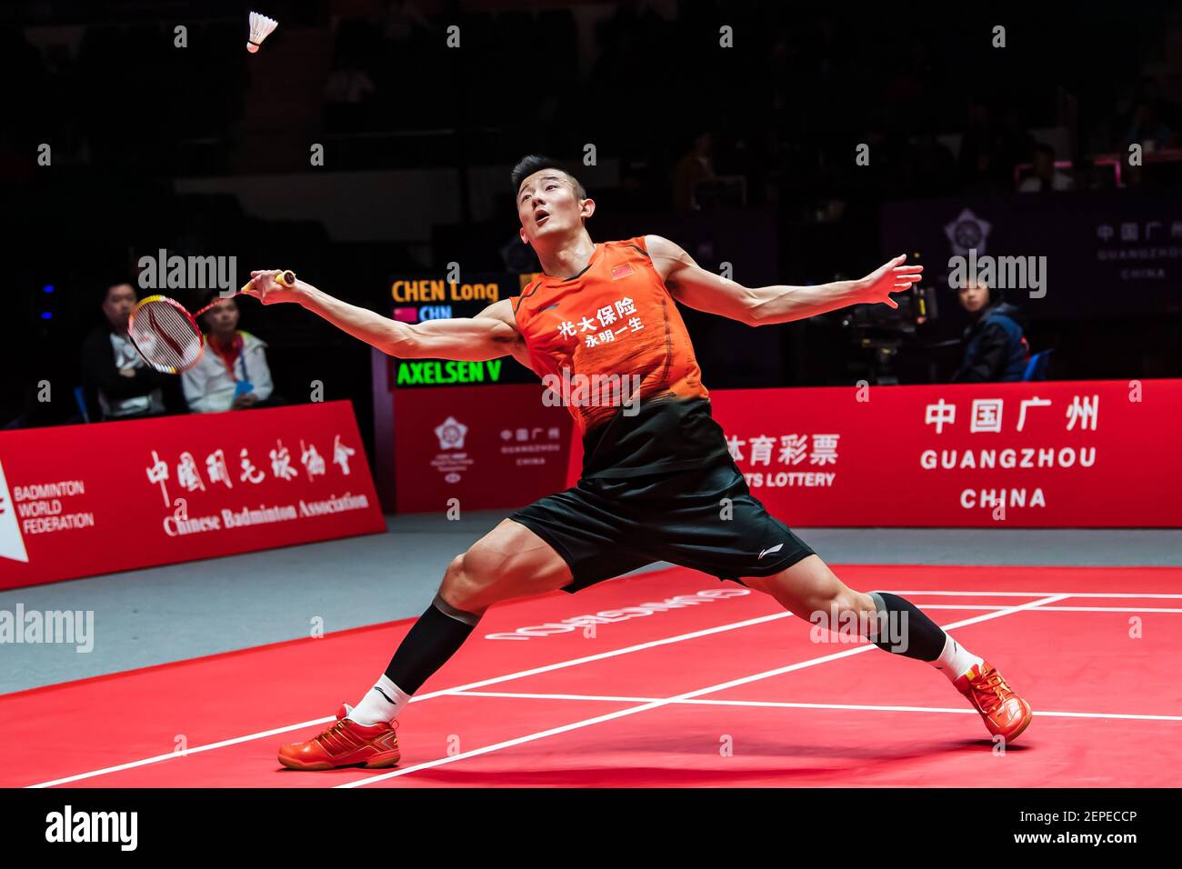 Chen Long of China competes against Viktor Axelsen of Denamrk at group  stage of men's singles of HSBC BWF World Tour Finals, Guangzhou city, south  China's Guangdong province, 11 December 2019. Chen