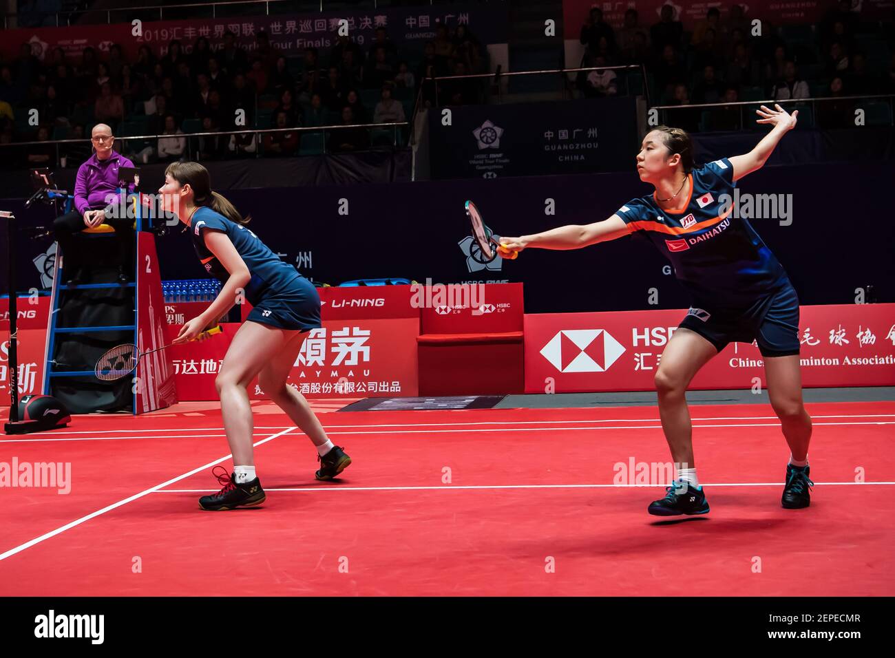 Japanese professional badminton players Mayu Matsumoto and Wakana Nagahara  compete against Thai professional badminton players Jongkolphan  Kititharakul and Rawinda Prajongjai at the group stage of women's doubles  at HSBC BWF World Tour