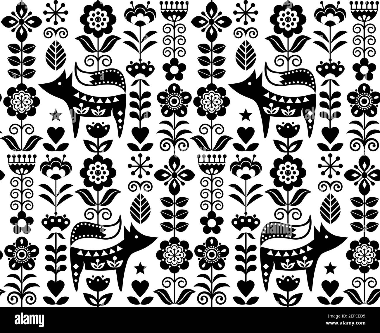 Scandinavian or Nordic folk art vector seamless pattern with flowers and fox, floral textile design inspired by traditional embroidery from Sweden, No Stock Vector