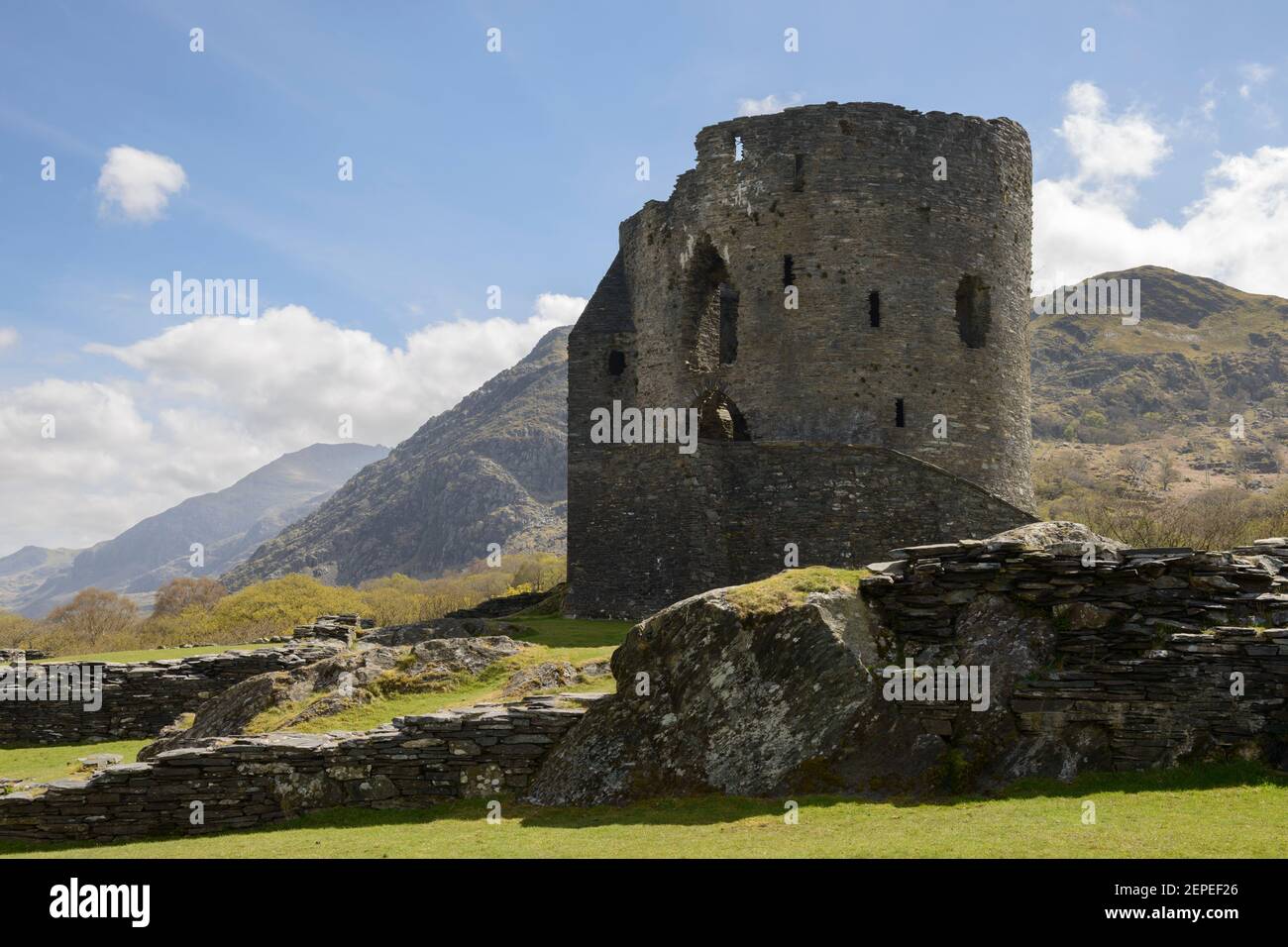Doldabarn Castle in Llanberis, Snowdonia, on a spring afternoon. Stock Photo