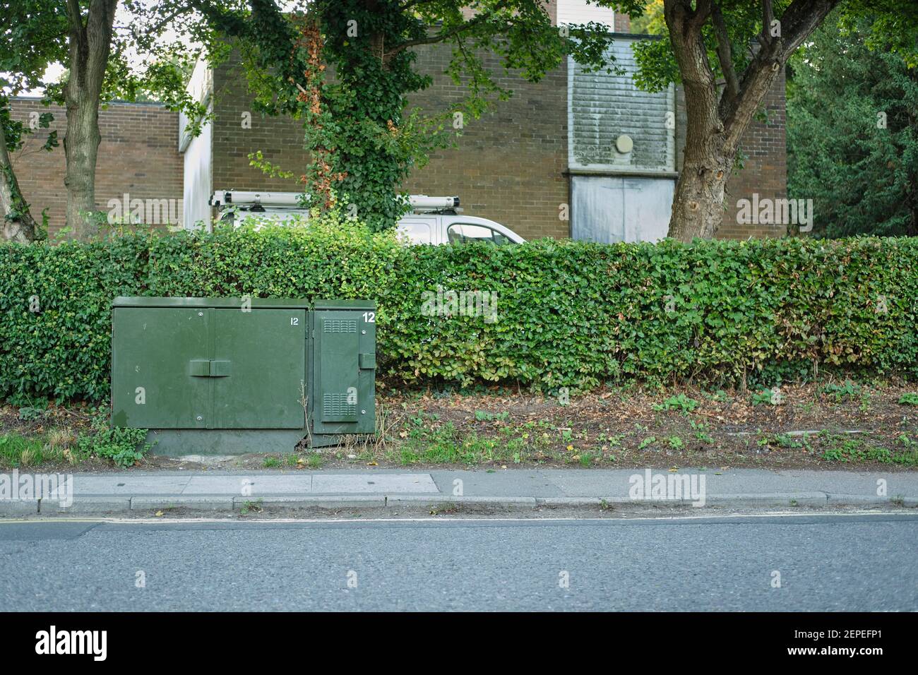 Claydon telephone exchange with a green communication outside