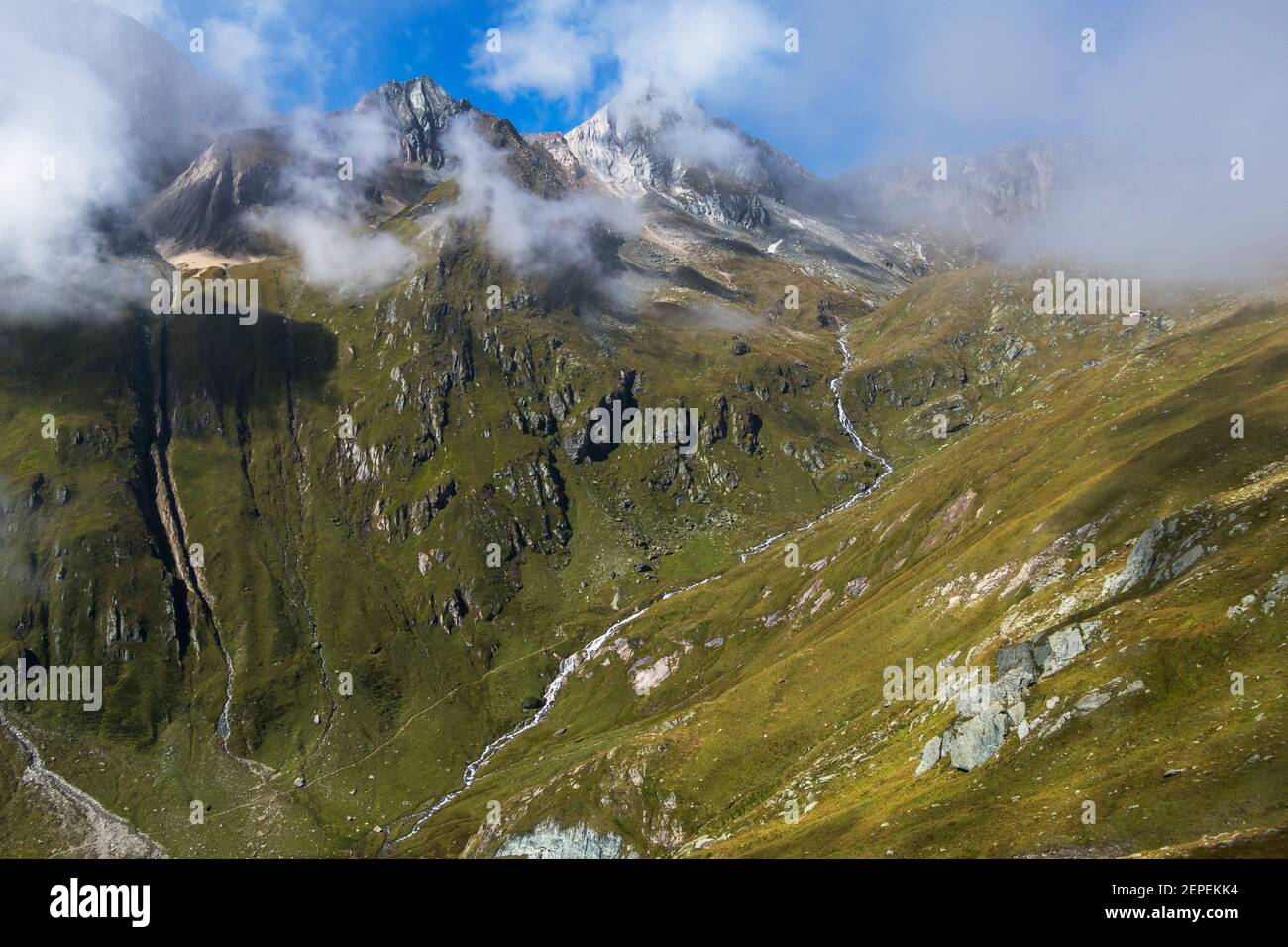 Timmeltal alpine valley. Zopetspitze mountain peak. Austrian Alps. Europe. Stock Photo