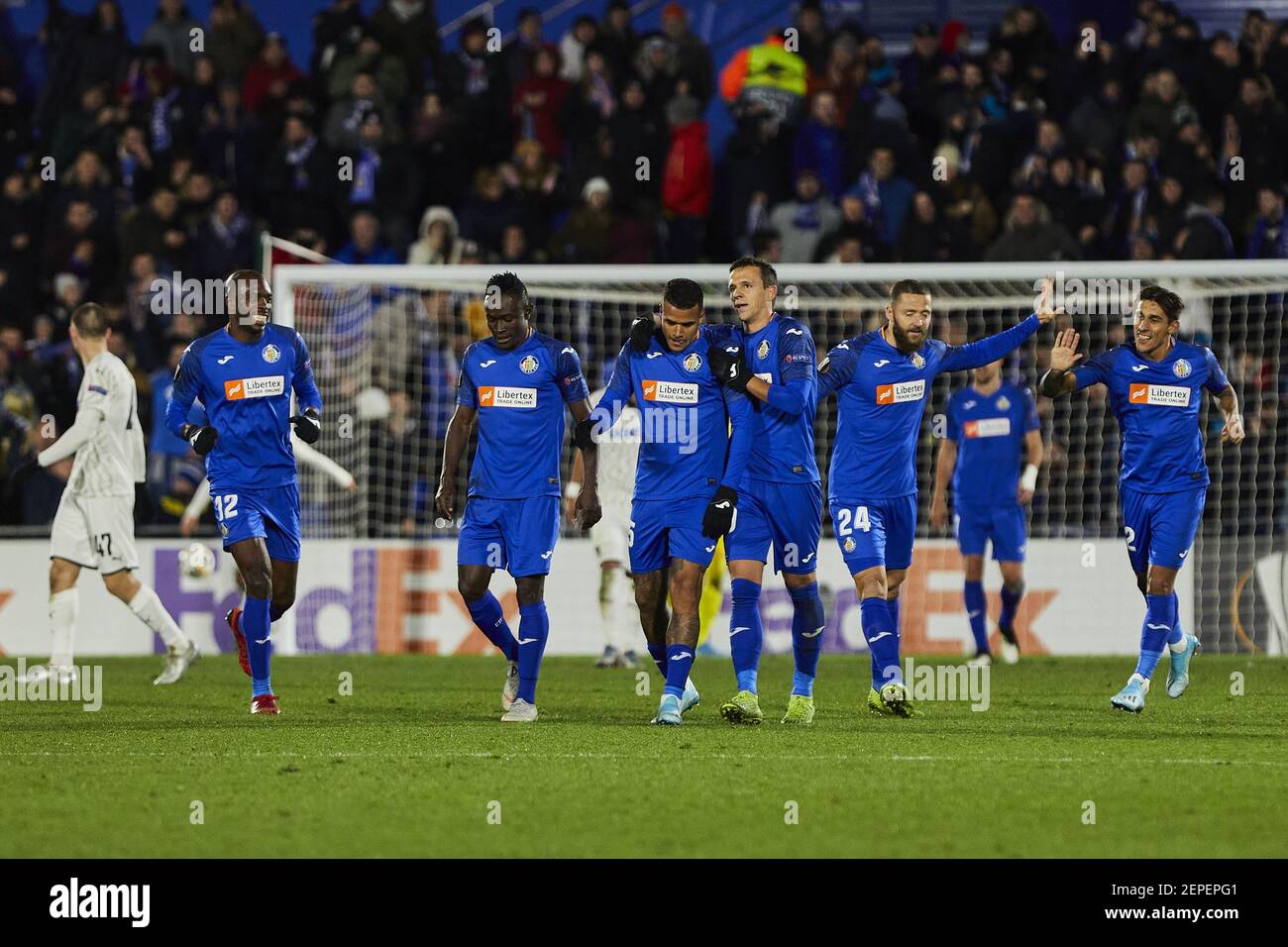 Players of Getafe FC celebrate a goal during the UEFA Europa League between  Getafe CF and FC Krasnodar at Coliseum Alfonso Perez in Madrid. (Final  score; Getafe CF 3:0 FC Krasnodar) (Photo