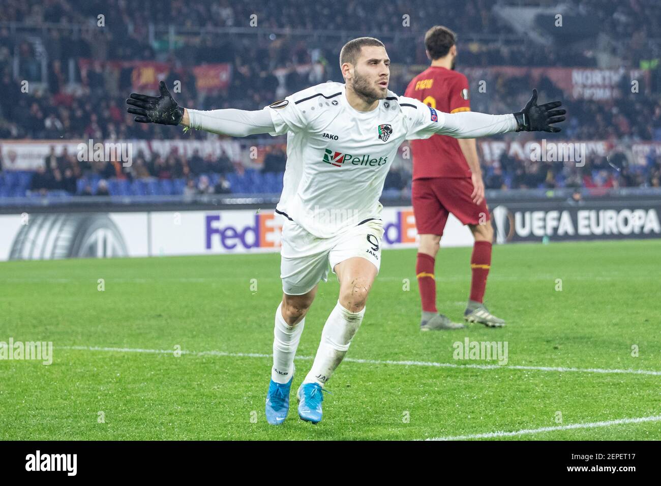 depth exempt maybe Shon Weissman of Wolfsberger AC celebrates after scoring a goal during the  UEFA Europa League Group J football match between AS Roma and Wolfsberger AC  at the Stadio Olimpico Staduim. Final score;