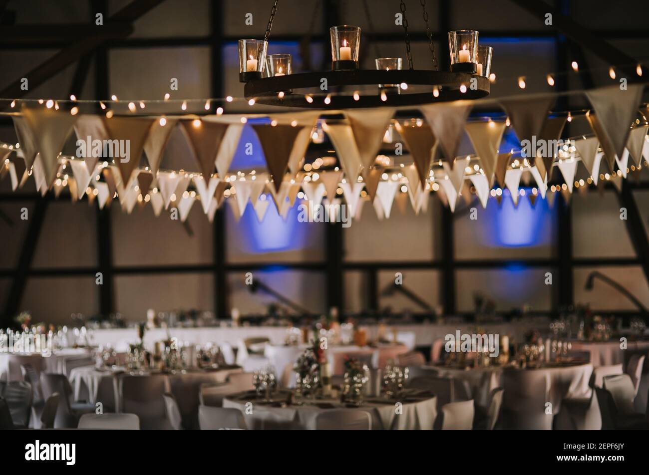 a wedding site with tables in a restaurant Stock Photo