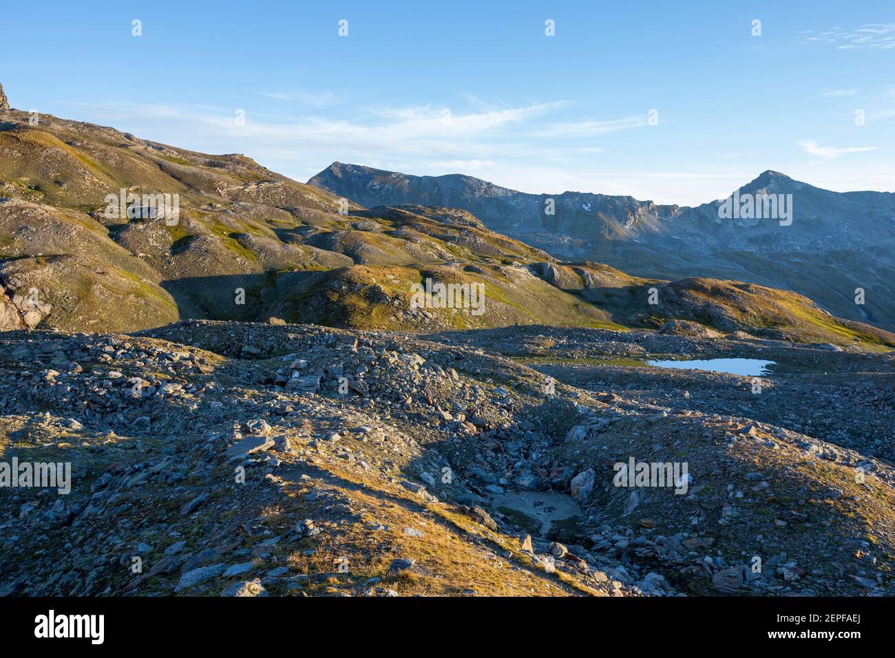 Moraine, geomorphology near Frossnitz glacier. Venediger mountain group. Osttirol. Austrian Alps. Europe. Stock Photo