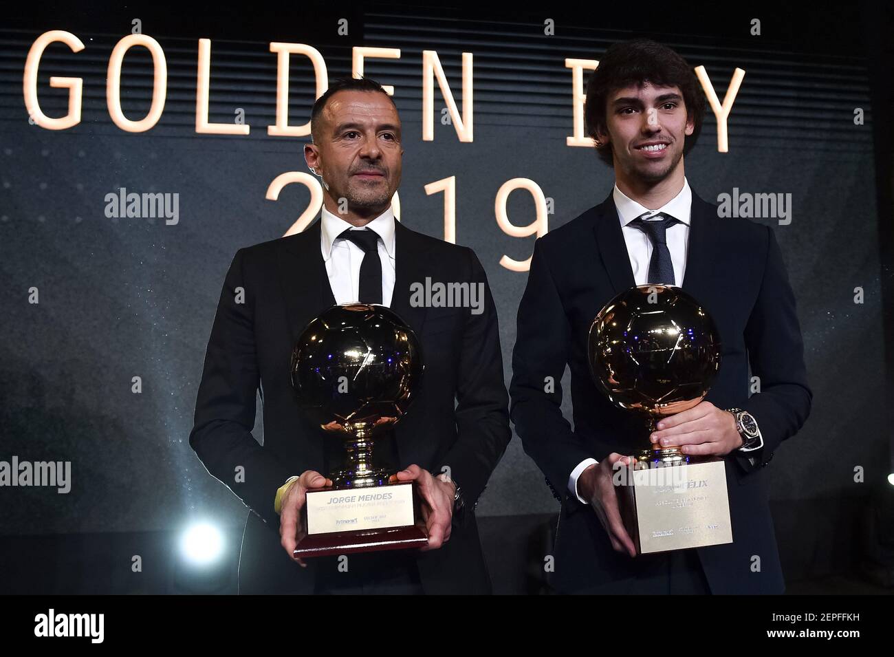 The Award As The Best Under 21 In Europe By Tuttosport Joao Felix Of Atletico De Madrid And Jorge Mendes Golden Boy 19 Turin Italy 16 Dic 19 Photo By Pressinphoto Sipa Usa Stock