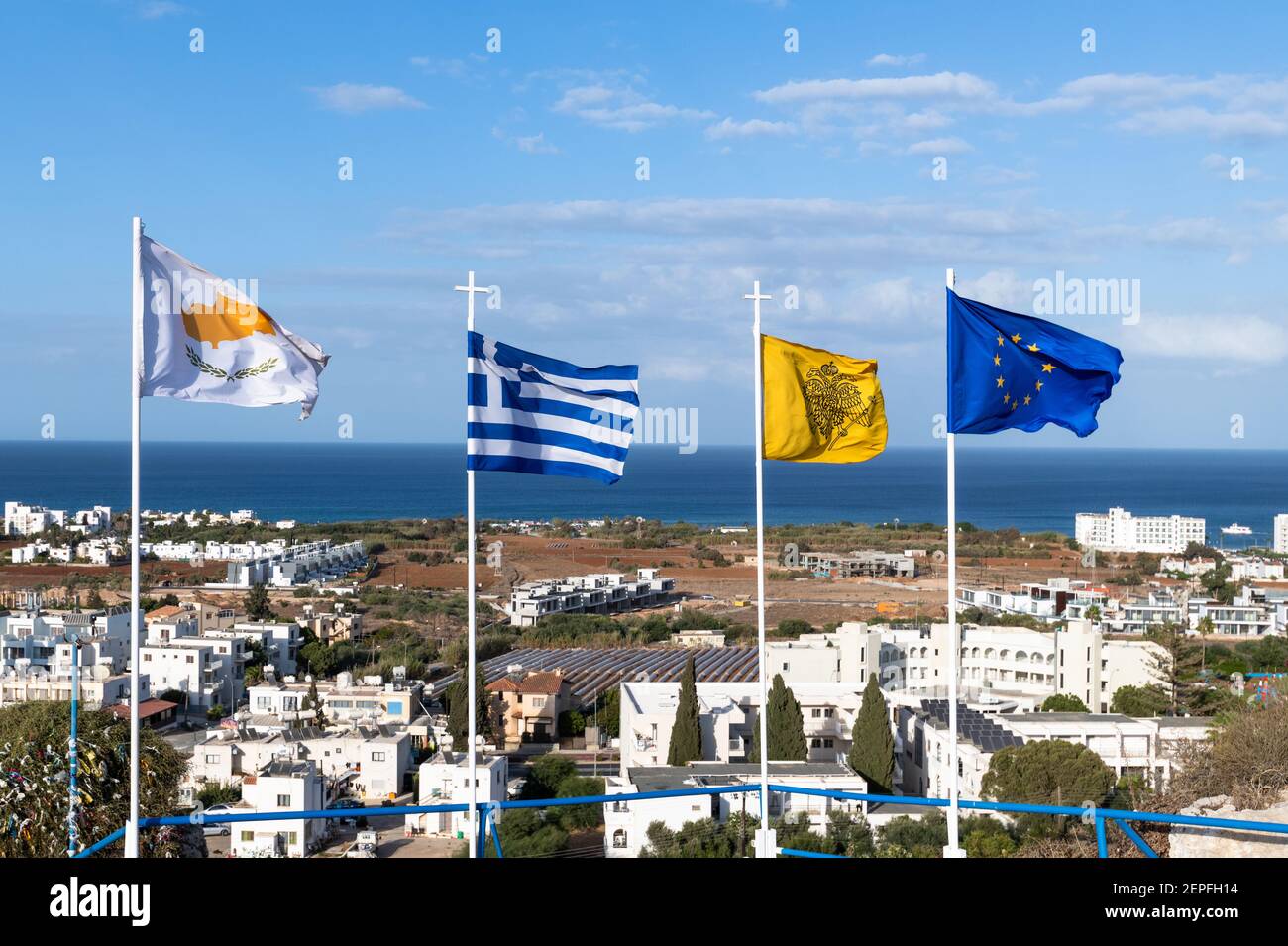 Flags - Cyprus, Greece, Orthodox Church and European Union in the Republic of Cyprus Stock Photo